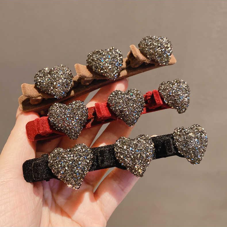 新款红色轻奢植绒爱心编发发夹气质发卡满钻公主头夹子精致头饰