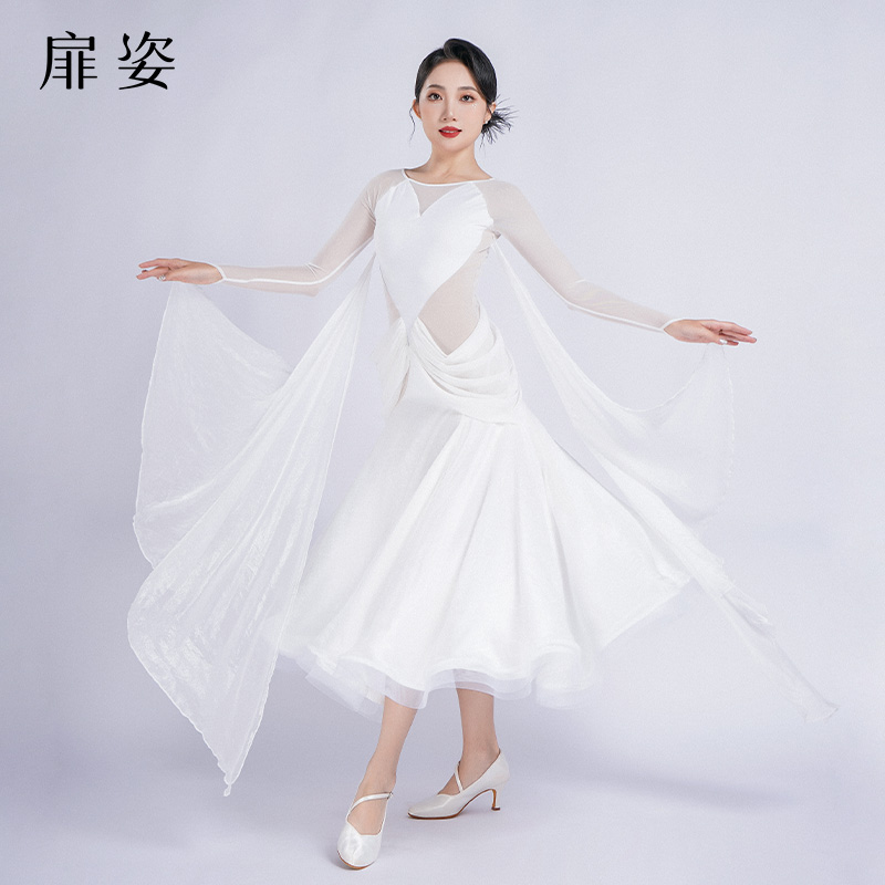扉姿 摩登舞裙女专业华尔兹跳舞裙子交谊舞大摆裙长袖连衣裙F3041