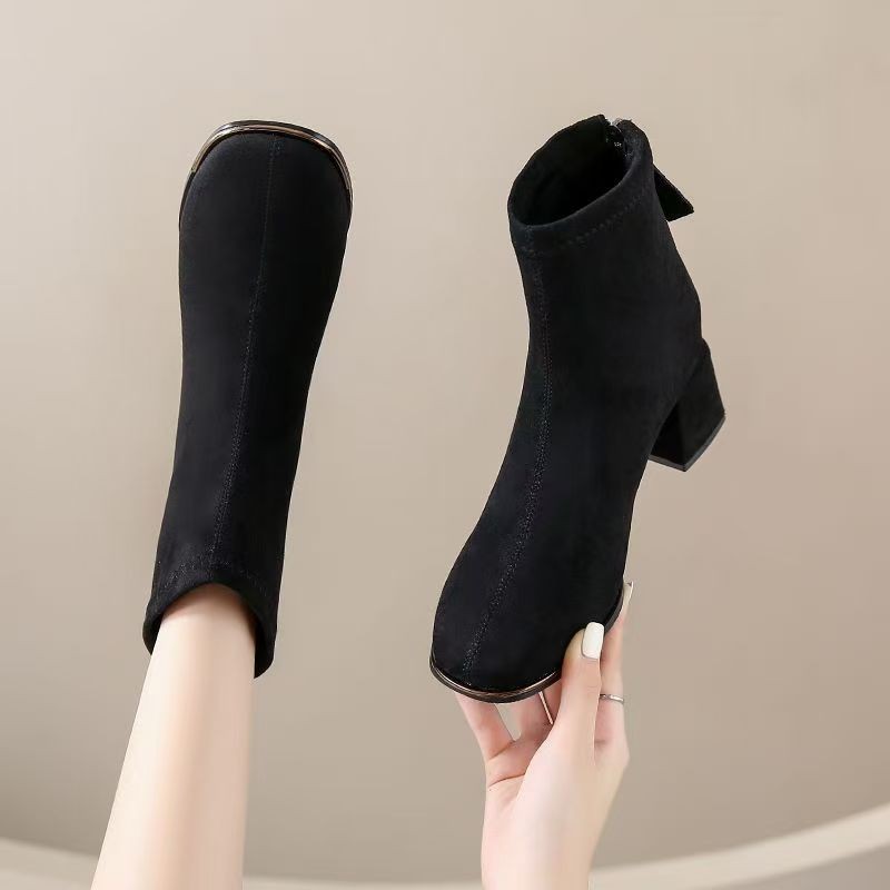 法式绒面高跟加绒短靴秋冬2025新款粗跟方头瘦瘦靴方头粗跟短靴女