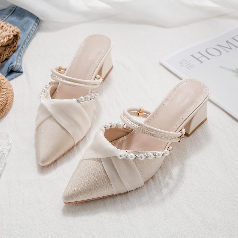 高跟凉拖女外穿2025春夏季新款百搭尖头时尚中跟粗跟包头半拖鞋女