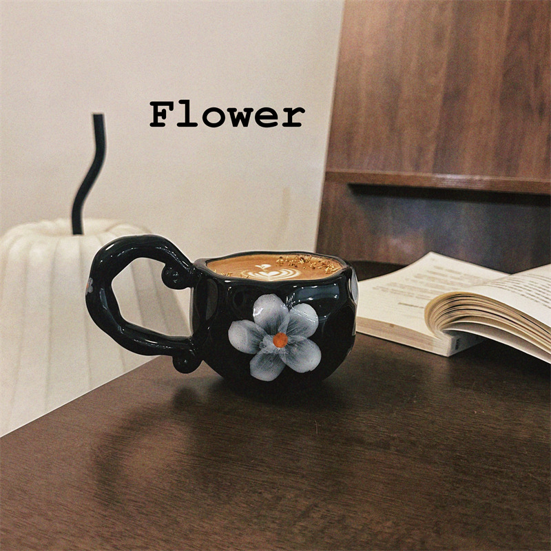 法式复古小众手绘陶瓷咖啡杯高颜值马克杯拿铁拉花早餐杯花朵杯