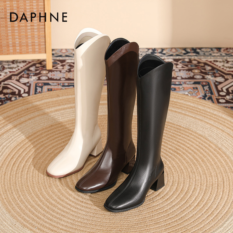 达芙妮高跟长筒骑士靴不过膝高筒靴粗跟瘦瘦靴弹2025秋冬力长靴女