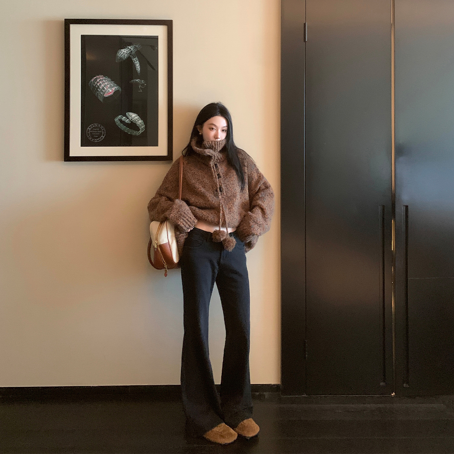 区区欧阳 炸街超模裤！黑色微喇牛仔裤冬季修身显瘦喇叭裤复古长裤