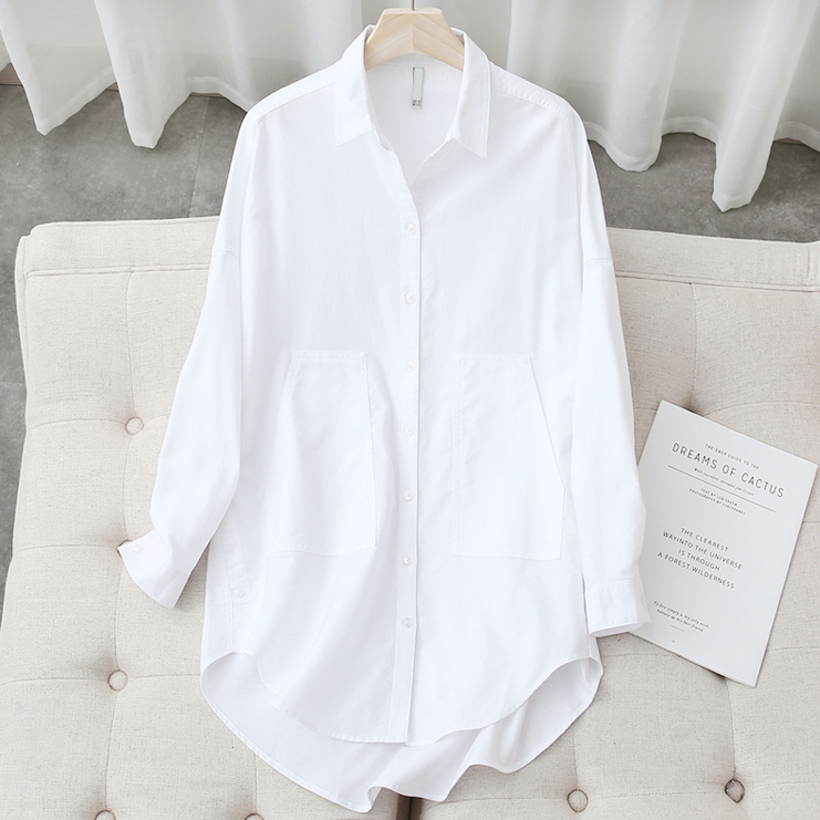 欧美春秋宽松中长款纯棉牛津纺衬衣女长袖百搭显瘦打底休闲白衬衫