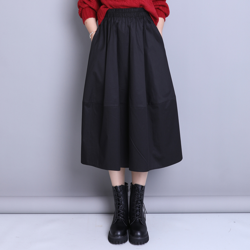 黑色灯笼裙女春秋新款高腰显瘦中长款遮胯休闲裙松紧腰半身裙