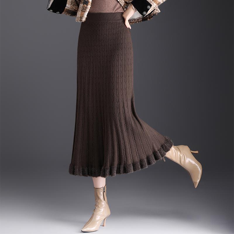 气质木耳边毛线裙子半身裙女秋冬2025新款高腰显瘦中长针织a字裙