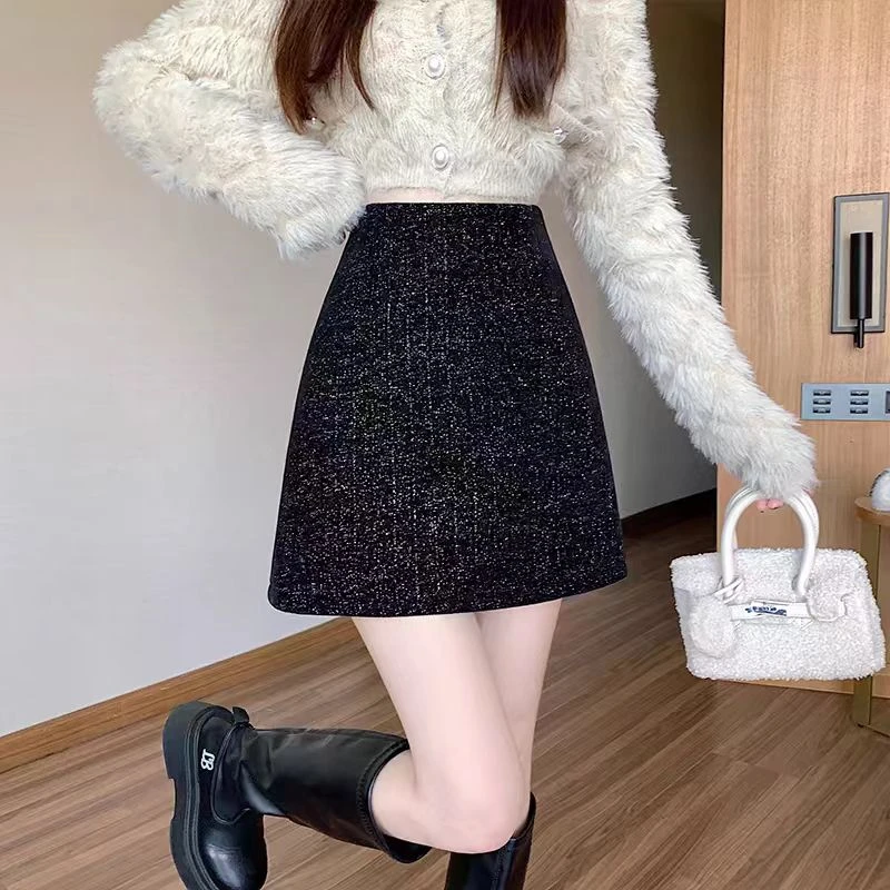 [璀璨星河]2025高腰A字韩版秋冬气质开叉中长小香风短裙半身裙