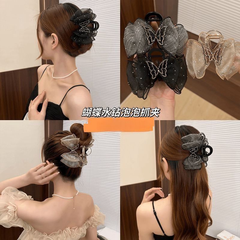 夏款气质轻奢超仙2024年新款网红8cm水钻双层蝴蝶网纱泡泡夹抓夹