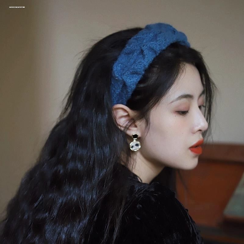复古毛衣秋冬高颅顶克莱因蓝毛绒毛线发箍女法式发饰V发带头箍头