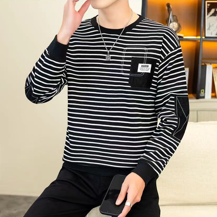 秋冬季加厚男士新品爆款潮流百搭圆领套头长袖加绒条纹卫衣男款