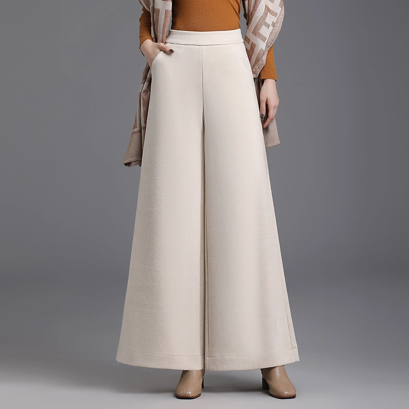 时尚高档羊毛呢阔腿裤女士高腰2025秋冬季新款休闲宽松大脚裙裤子