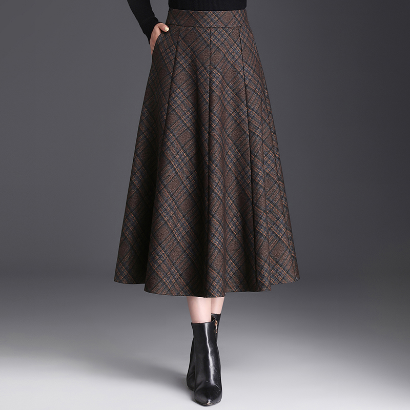 冬季加厚毛呢格子半身裙百搭高腰a字裙显瘦秋冬中长款伞裙百褶裙