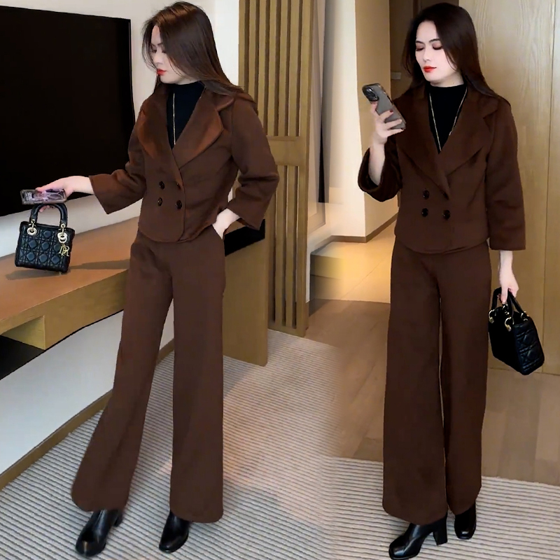时尚套装女2024冬季新款洋气质显瘦毛呢短款外套阔腿裤减龄两件套