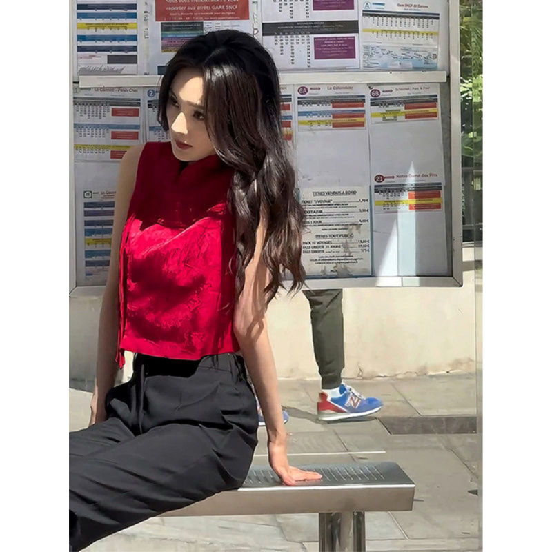 夏季杨幂同款无袖中式上衣2025年新款今年流行新中式国风盘扣马甲