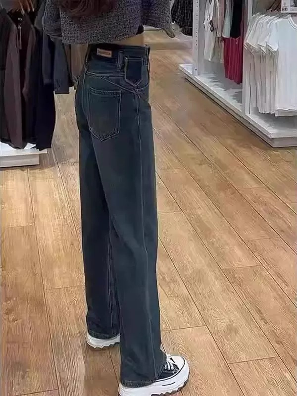 秋冬加绒加厚高腰显瘦弹力遮胯直筒牛仔裤大码洋气百搭窄版阔腿裤