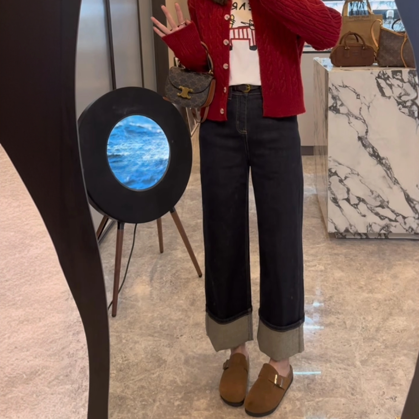 洋气大卷边高腰直筒牛仔裤女2024秋季梨形新款宽松显瘦九分烟管裤