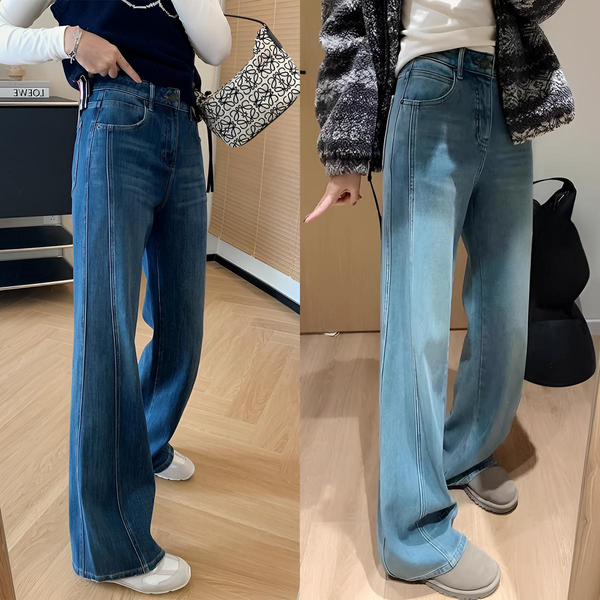 双裤缝弹力微喇牛仔裤女2025秋季梨型身材宽松显瘦高腰窄版阔腿裤