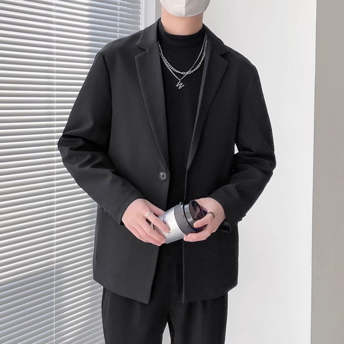 潮男前线韩版休闲百搭轻熟风宽松单排扣西装上衣外套夹克痞帅潮流