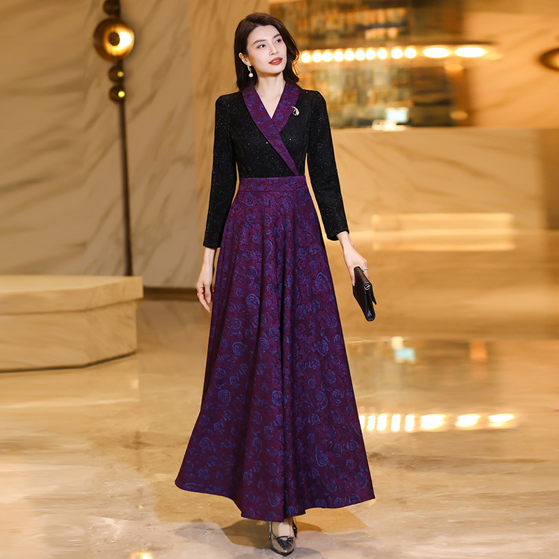 高贵紫拼接翻领加绒连衣裙2024秋冬新款修身显瘦气质过膝长裙501