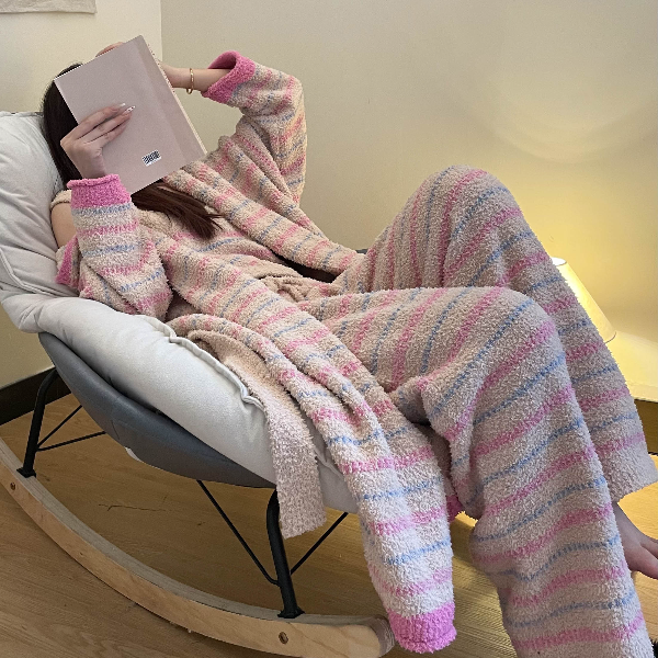 珊瑚绒秋冬季半边绒睡衣女士可外穿条纹三件套家居服加厚保暖冬天
