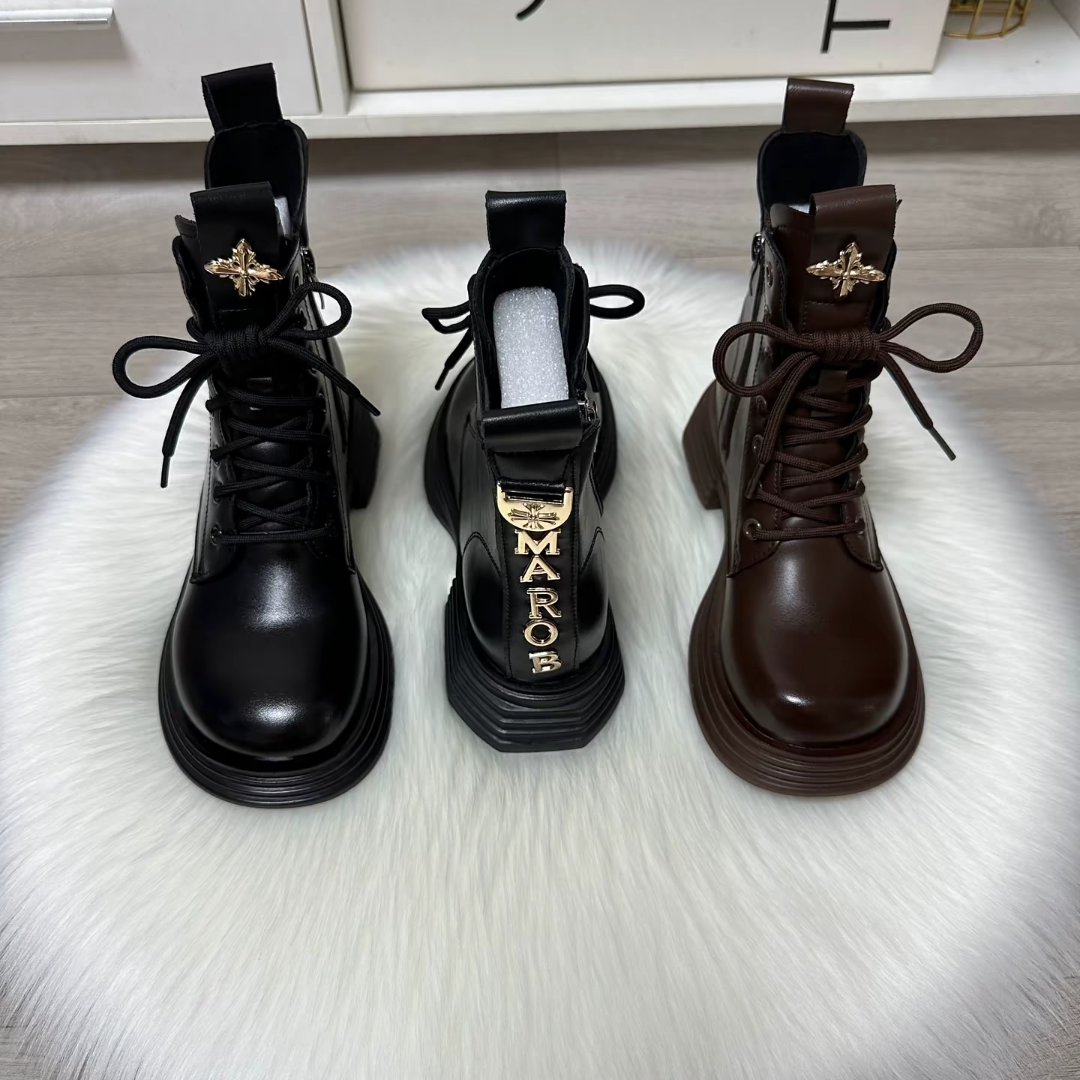 软皮马丁靴女2025秋冬新款百搭厚底增高耐磨不累脚爆款英伦风短靴