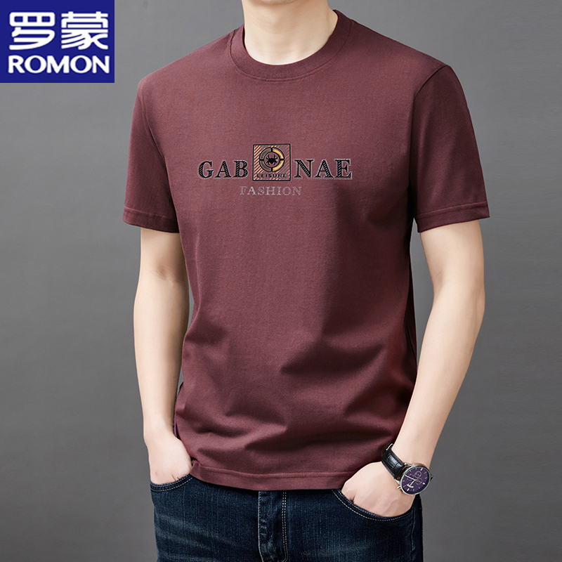 罗蒙纯棉男士圆领百搭宽松短袖T恤休闲半袖体恤男时尚韩版上衣潮