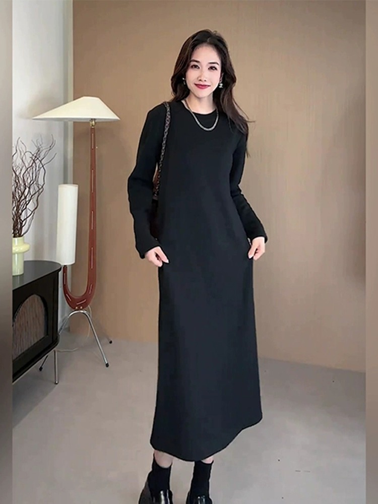 秋冬新款宽松显瘦气质黑色长袖连衣裙