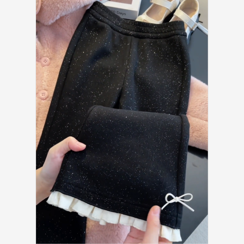 女童加绒撒银喇叭裤冬装2025新款洋气儿童一体绒休闲裤女孩裤子潮