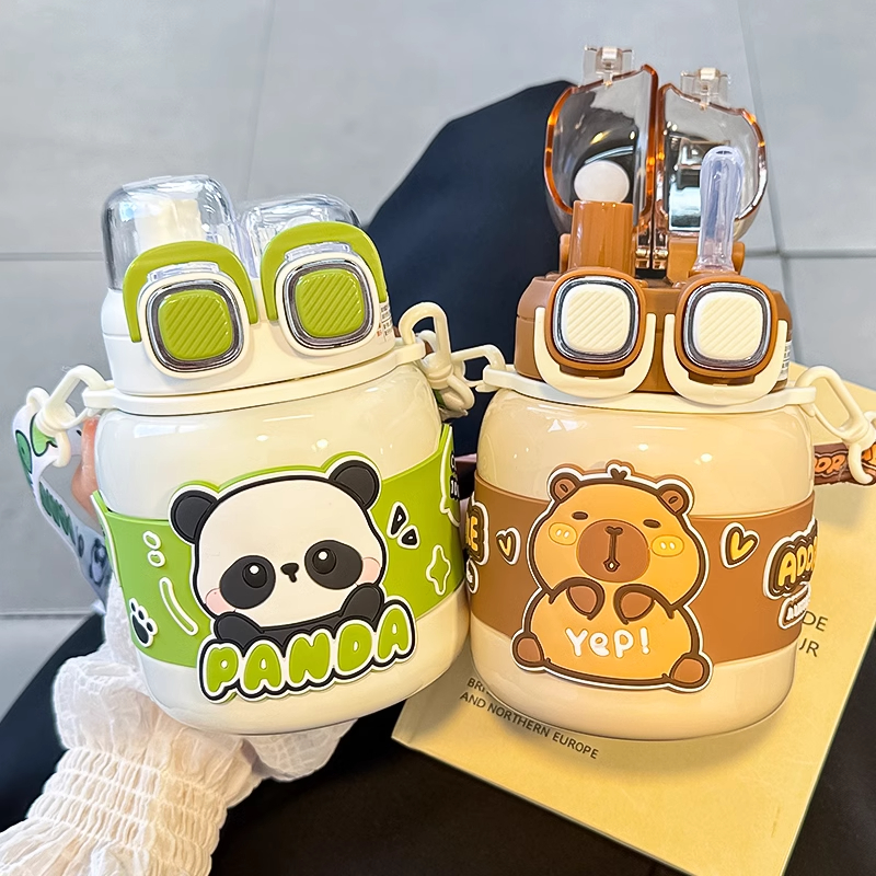 卡皮巴拉儿童保温杯女孩可爱吸管水杯双饮大肚杯学生上学专用水壶