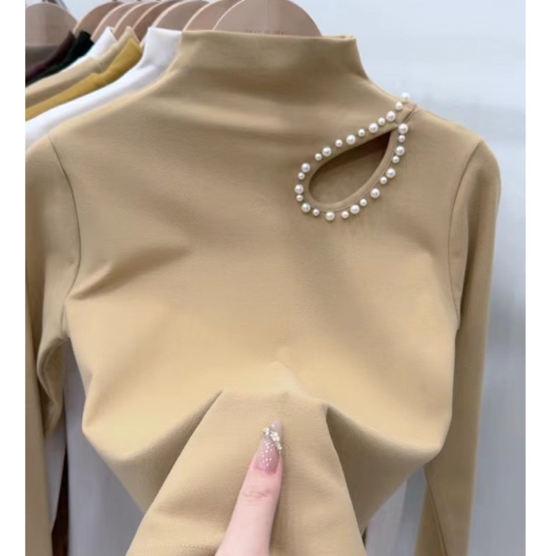 磨毛半高领打底衫女重工钉珠镂空秋冬季设计感小众长袖保暖上衣女