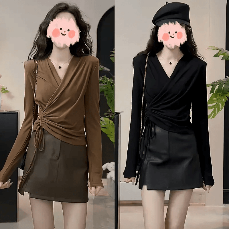 长袖不规则小众法式上衣显瘦气质打底衫 半身裙皮裙两件套套装女