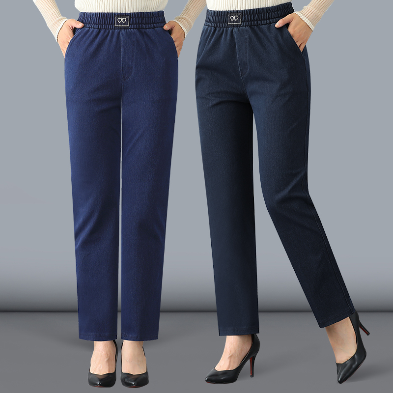 妈妈软牛仔裤女春秋款中老年女裤老年人松紧腰高腰宽松直筒牛仔裤