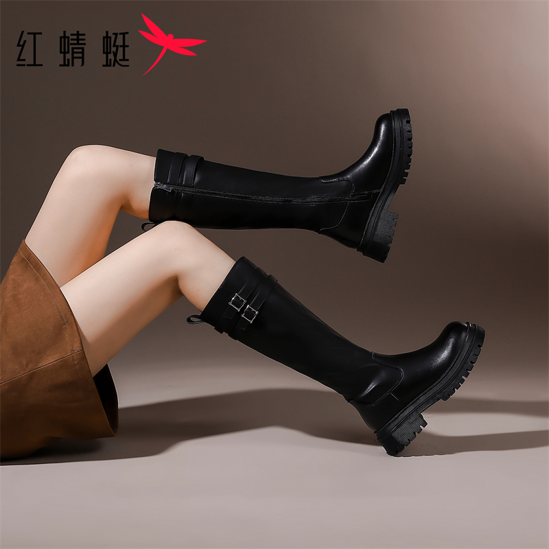 红蜻蜓加绒厚底增高骑士靴女2025秋冬季新款时尚百搭小筒围长筒靴