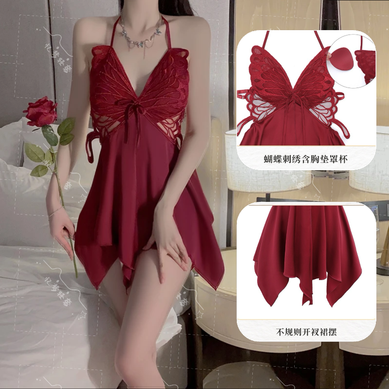 新款性感轻奢蝴蝶睡裙 开叉裙摆带胸垫聚拢漏背吊带纯欲睡衣