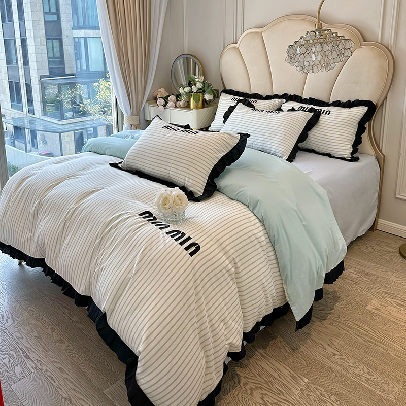 ins全棉裸睡四件套少女心纯棉花边刺绣床单床上被套简约风