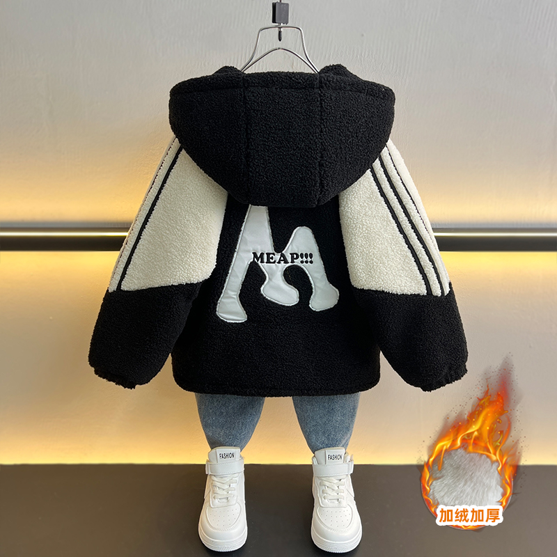 男童秋冬装加厚外套2024新款儿童冬季加绒夹棉毛毛衣小童洋气棉衣