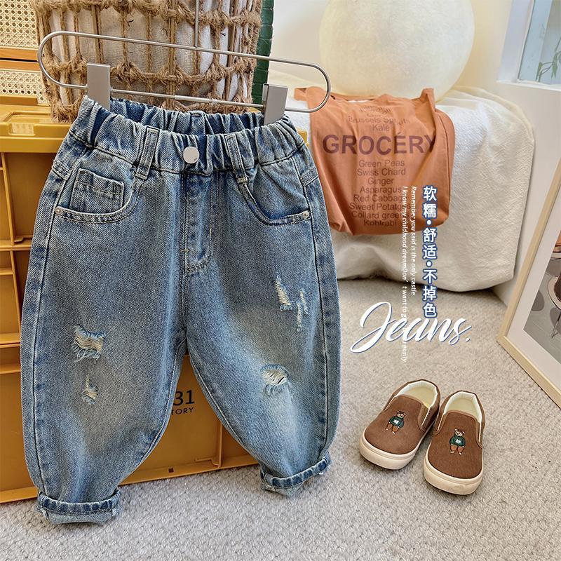 高能感男童破洞水洗牛仔裤2025春秋款中小童潮流韩版宽松老爹裤