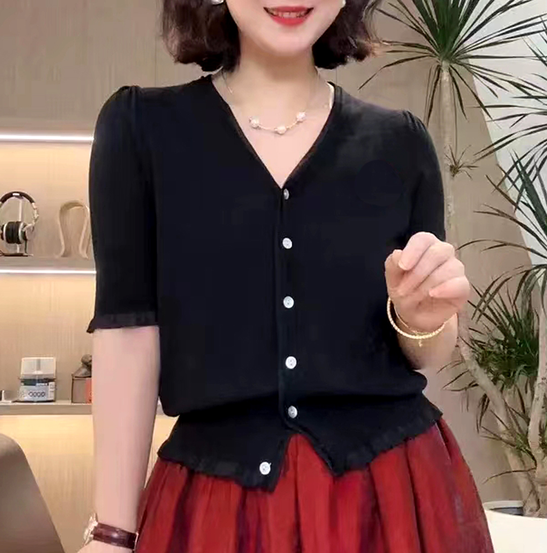 夏季薄款木耳边花边V领冰丝T恤女针织衫开衫短袖上衣宽松显瘦气质