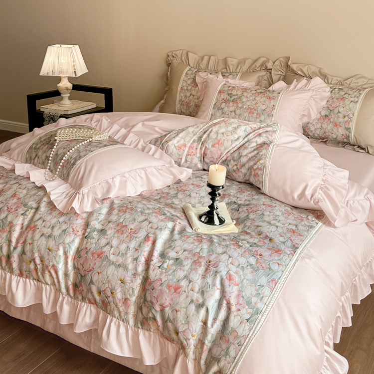 丽家平！五年云水谣-法式花边纯棉贡缎长绒棉四件套100（50*50）床品