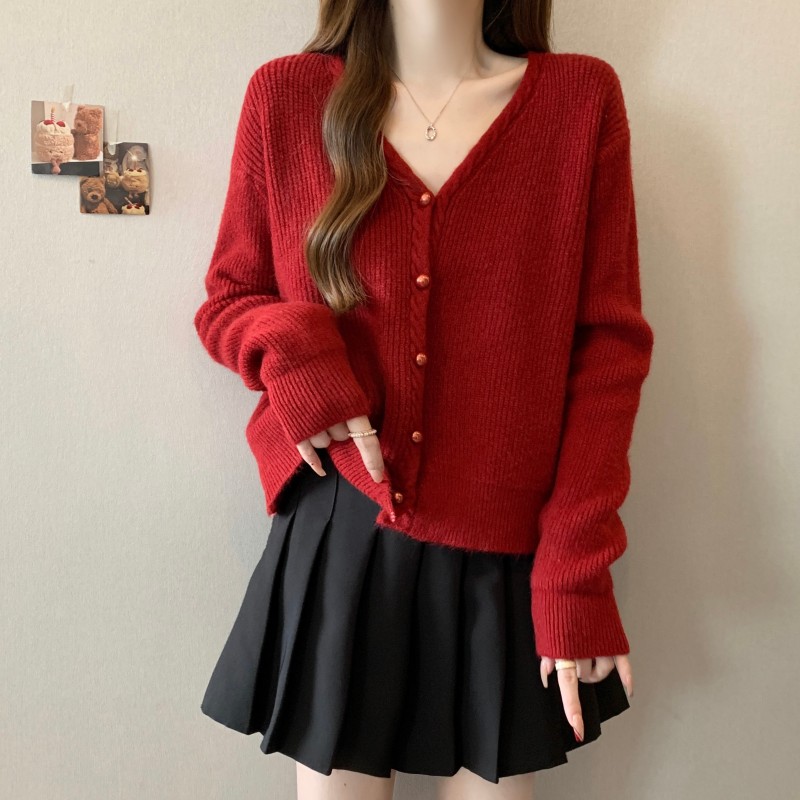 微胖妹妹大码V领单排扣长袖针织衫女秋季宽松显瘦休闲百搭小上衣