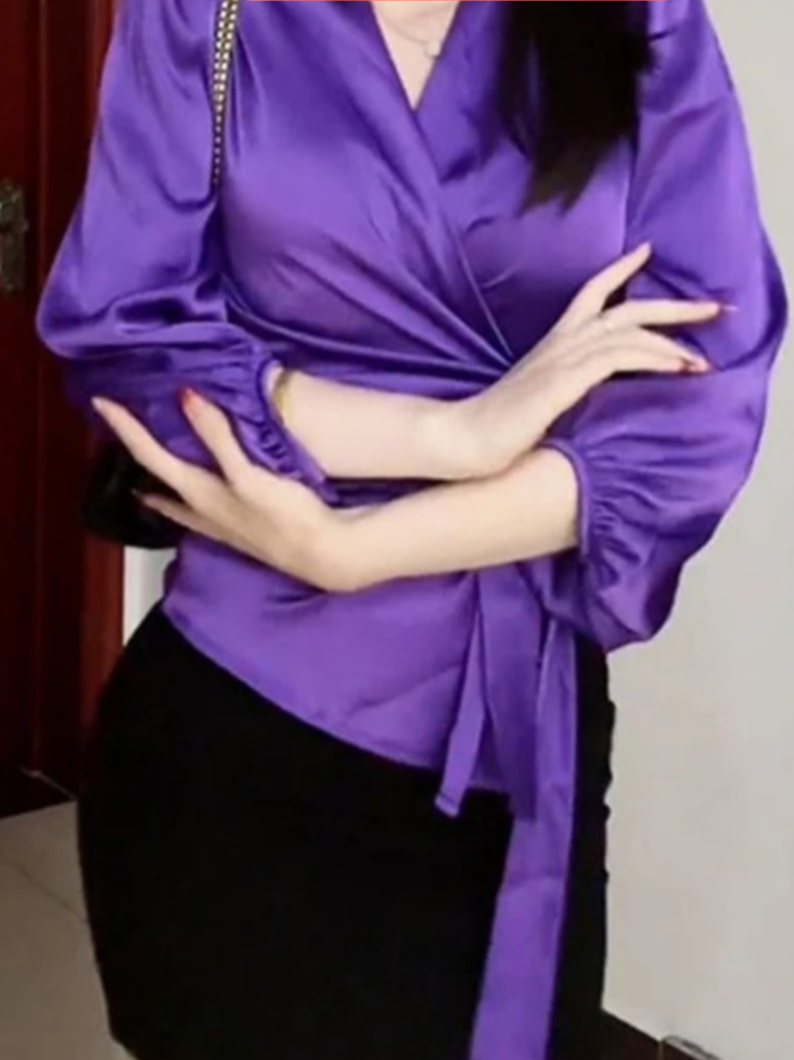 春夏百搭显瘦轻熟风设计感绑带V领紫色系带衬衫法式收腰小众衬衣