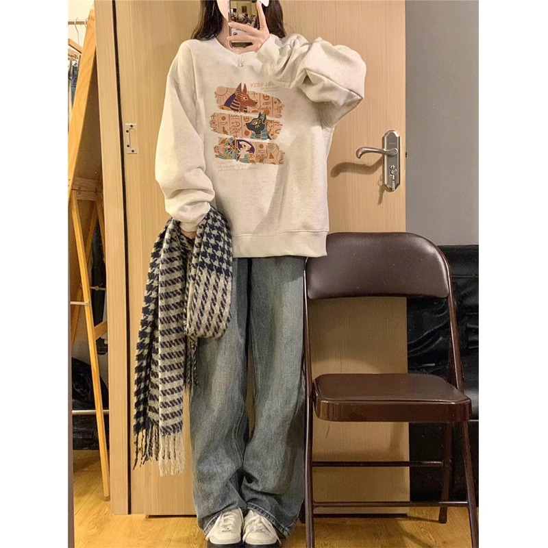 【帝韵】美式复古慵懒风卫衣女新款宽松套头印花圆领长袖上衣百搭潮