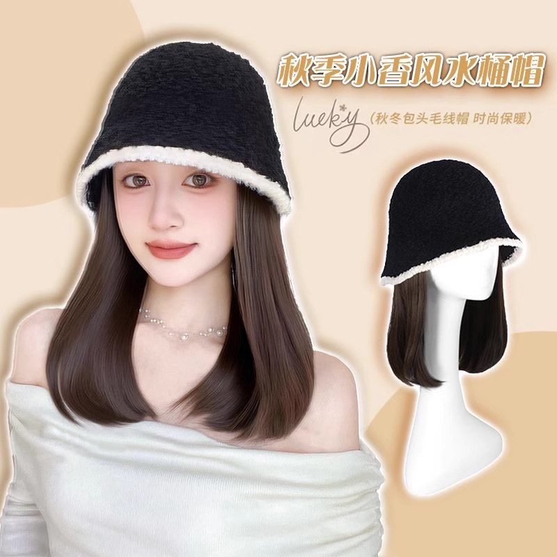 帽子假发一体内扣短发小香风水桶帽子洋气秋冬显脸小百搭假发帽
