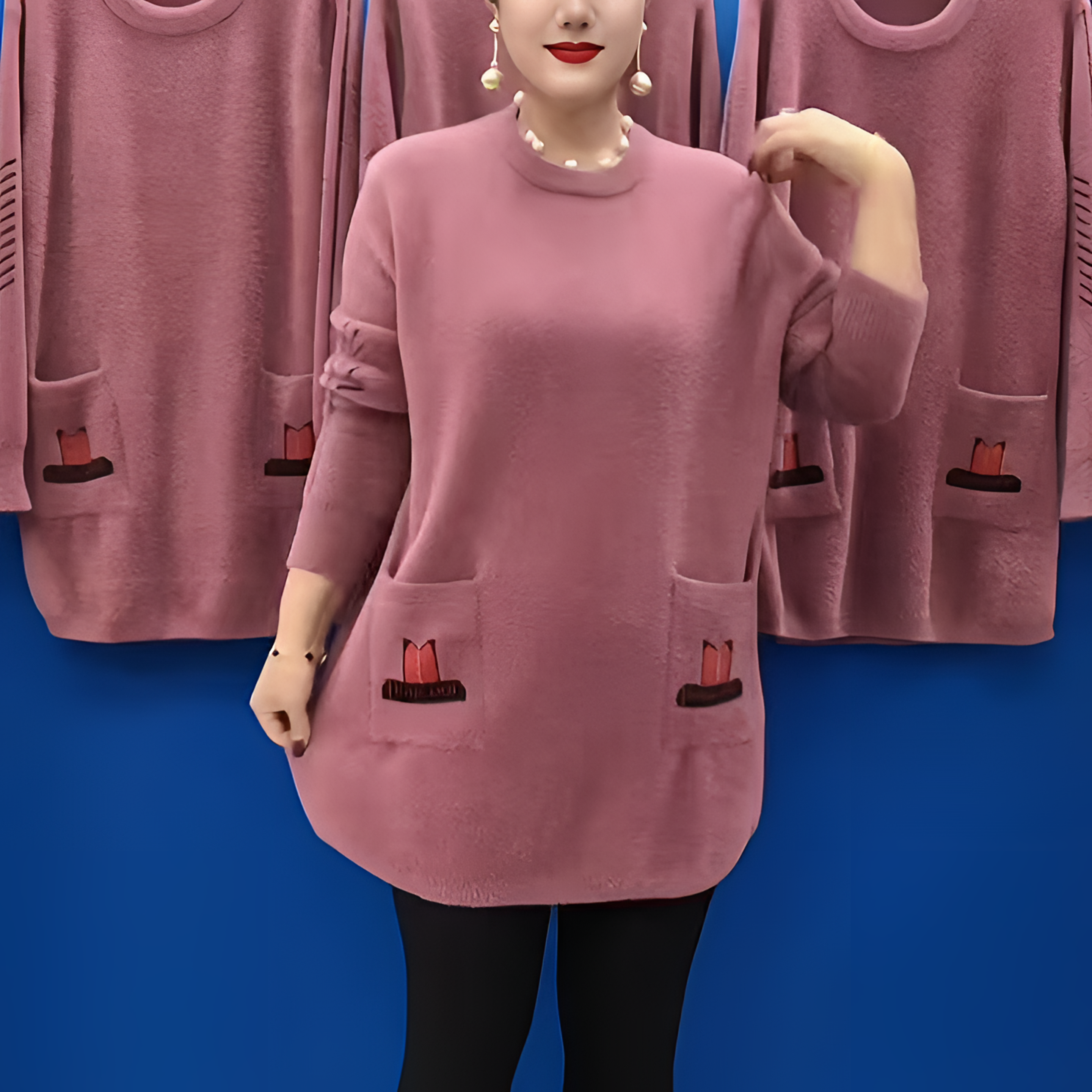 中年妈妈新款气质百搭双兜纯色长袖小衫秋冬款中长款保暖针织毛衣