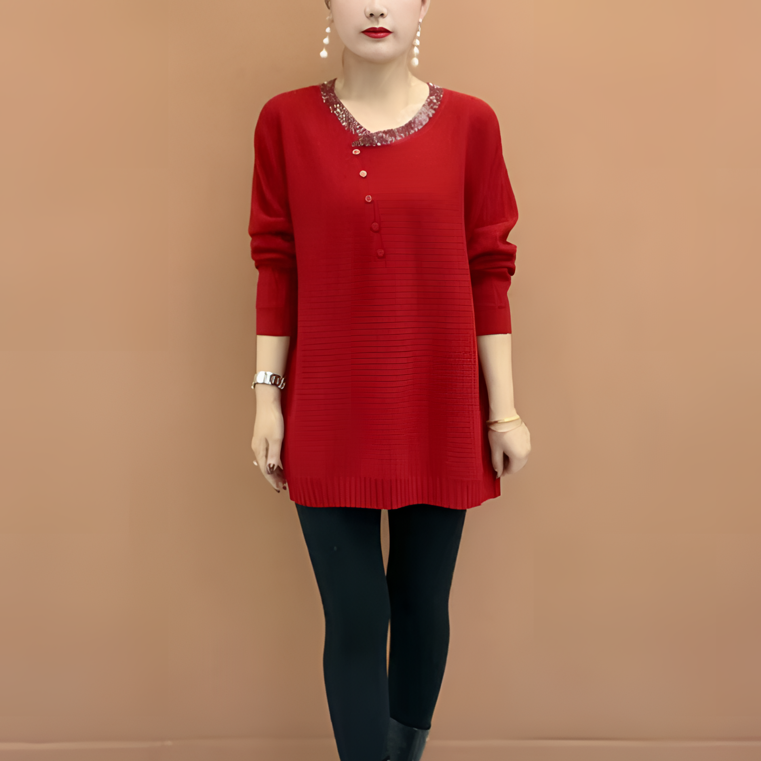 秋冬季时尚减龄百搭小衫中年妈妈装纯色长袖套头圆领亮片针织小衫