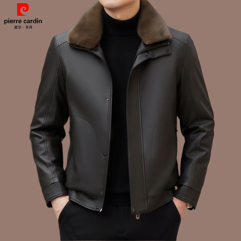 皮尔卡丹冬季高档男士皮外套加绒加厚休闲可脱卸翻领时尚皮上衣男
