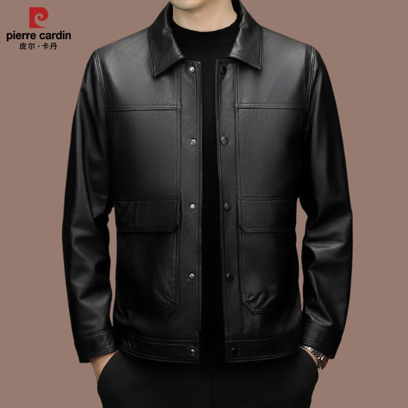 【皮尔卡丹】海宁牛皮皮衣男士真皮机车服翻领皮夹克短款全牛皮外套