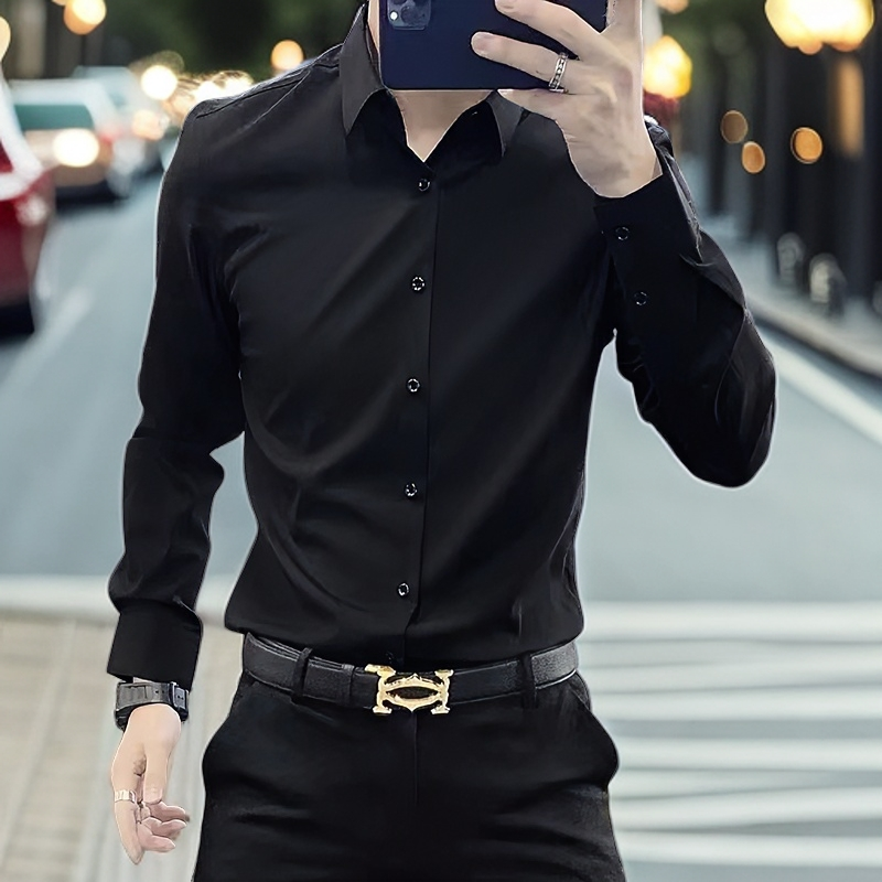 高级感痞帅免烫休闲衬衫男轻奢长袖纯色商务正装丝滑垂感春秋衬衣