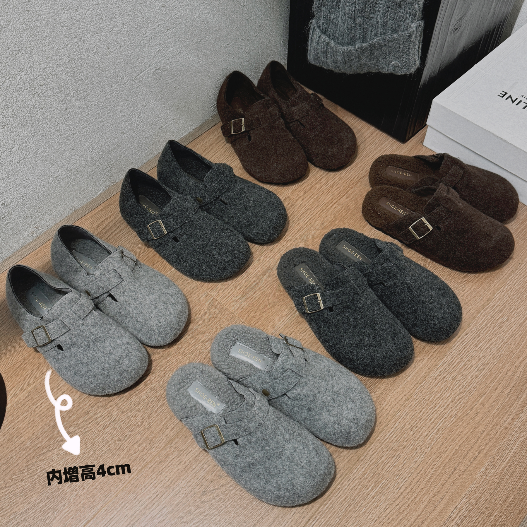 两个版本~保暖懒人一字扣带毛毛厚底增高勃肯鞋加绒包头拖鞋外穿