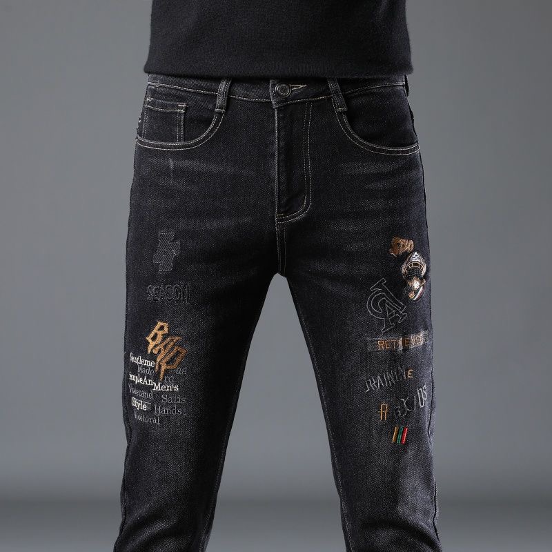 秋冬新款男士刺绣印花牛仔裤潮牌修身弹力小脚黑色长裤子韩版潮流
